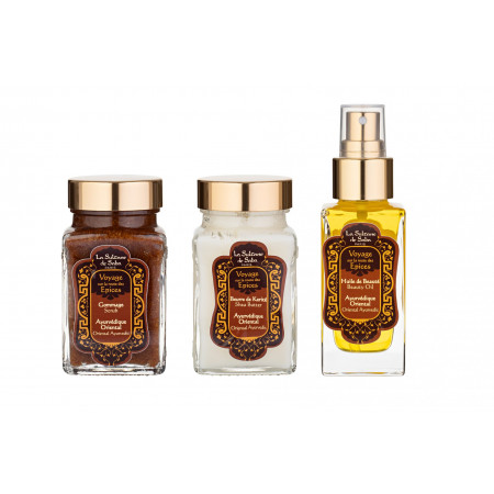 La Sultane de Saba Oriental Ayurvedic Scented Body care kit – gintaras, vanilė, pačiulis – kūno priežiūros rinkinys – šveitiklis, grožio aliejus, taukmedžio sviestas
